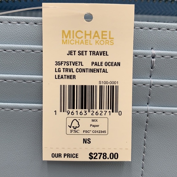 MICHAEL KORS LARGE TRAVEL CONTINENTAL WRISTLET WALLET PALE OCEAN COLOR - Picture 14 of 14